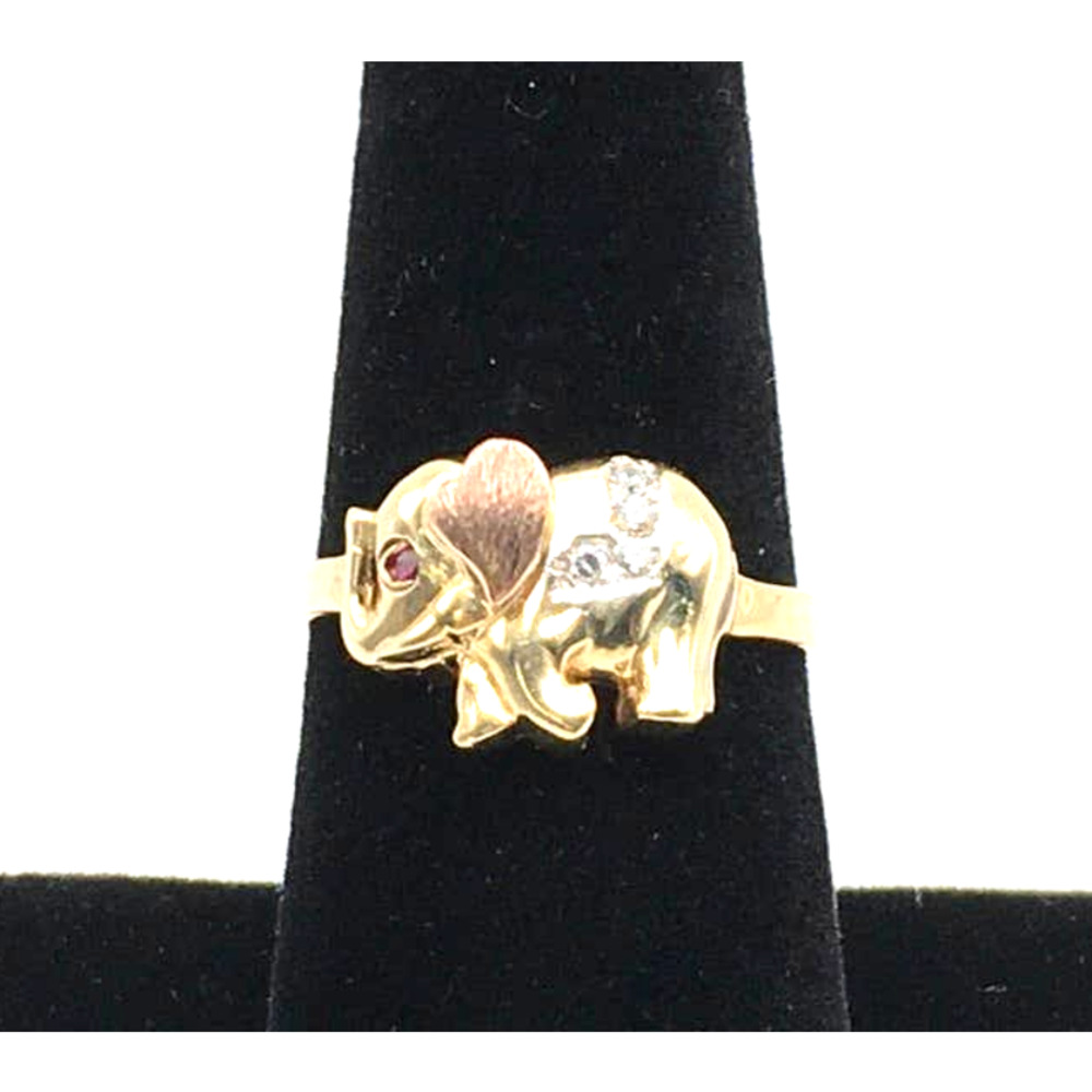 10K Tricolor Solid Gold Women's Elephant Ring with Zirconias and Rubies Size 8